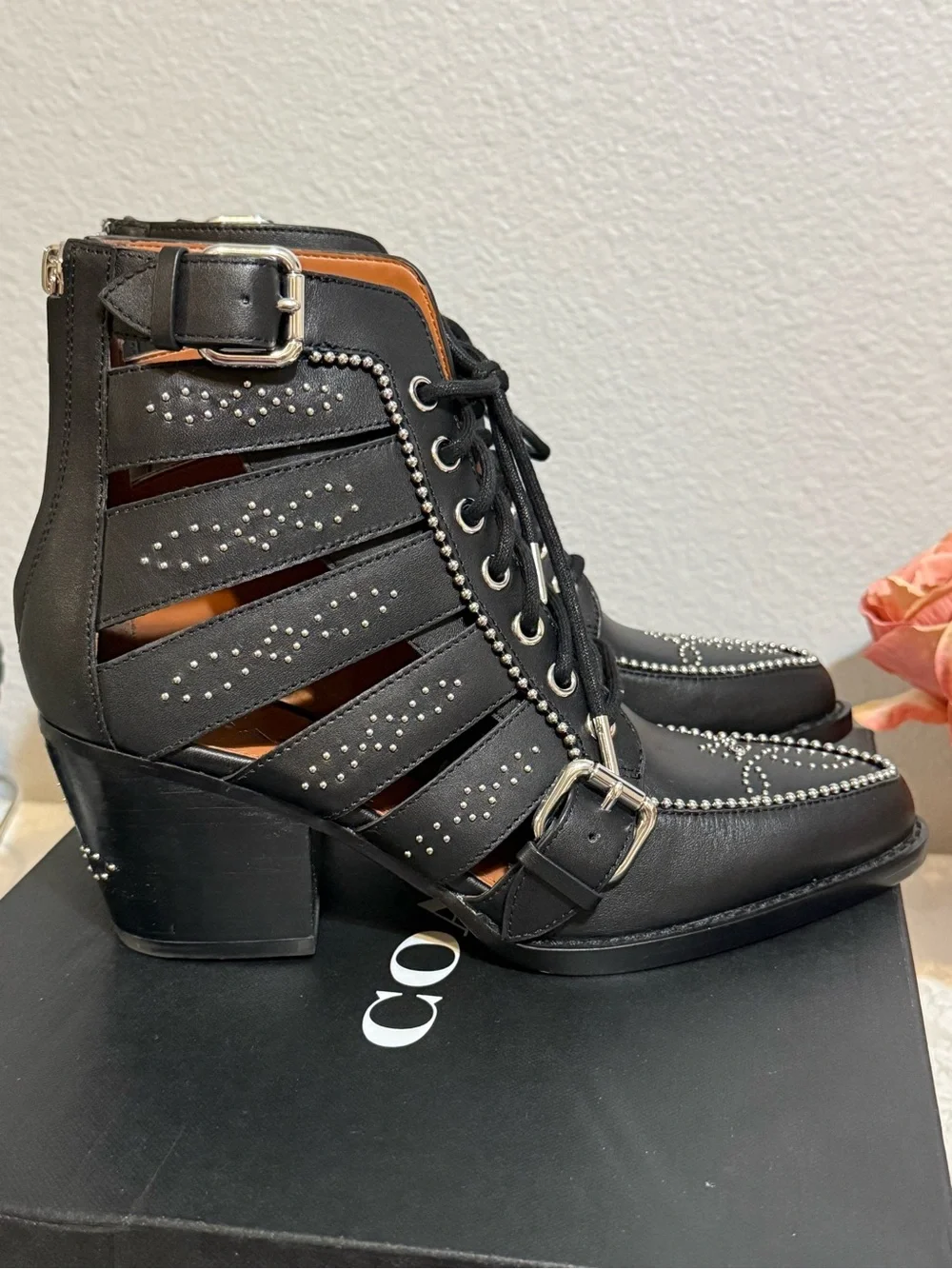 Coach Paisley Black Stud Lace up Leather Heel Boots size 7.5 NEW Rocker Concert